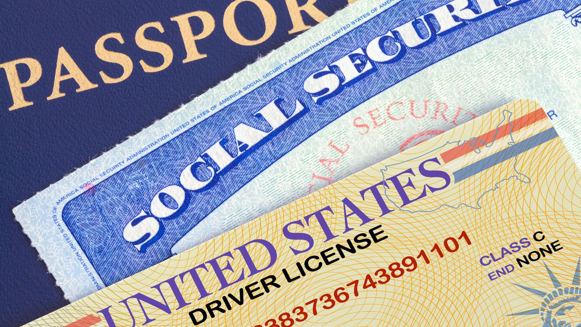 Varios documentos de USA: pasaporte, social security card y permiso de conducción